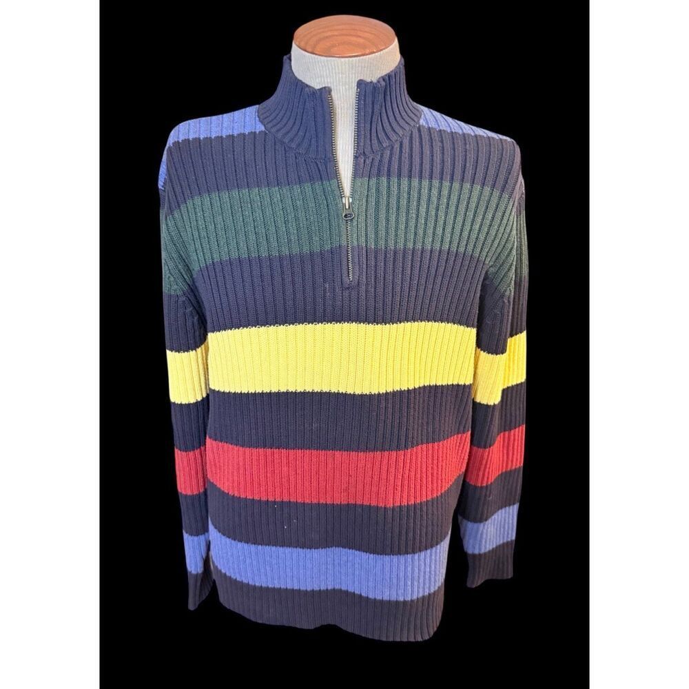 Lands End Quarter Zip Color Block Stripe Sweater Mock Neck Sz. XL Preppy - Picture 2 of 12